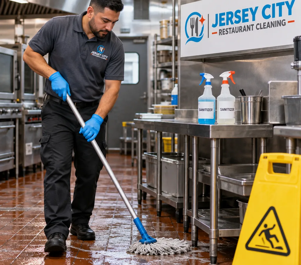 Commercial cleaner mopping and degreasing a restaurant kitchen floor beside stainless prep tables