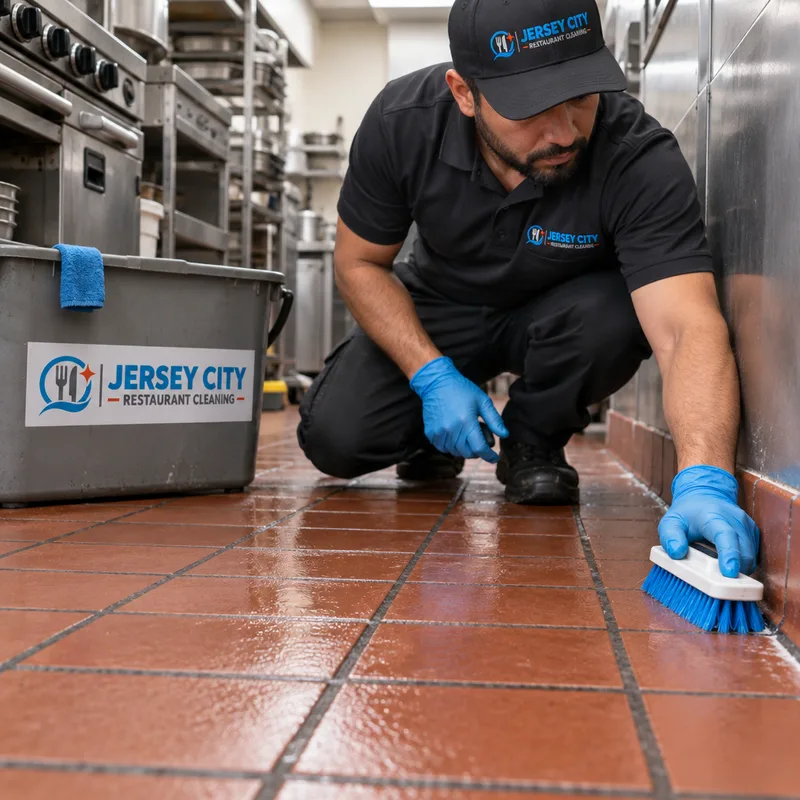 Cleaned quarry-tile kitchen floor with scrubbed floor-wall edges near a cook line