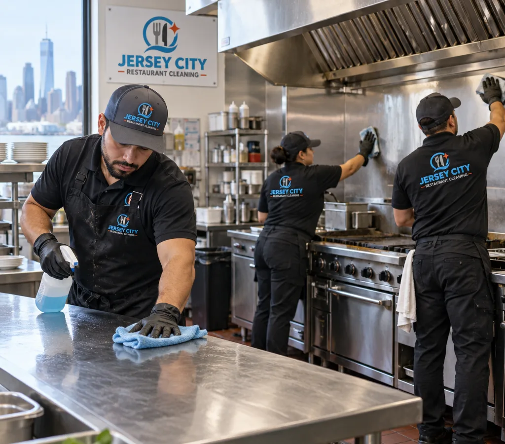 Commercial kitchen crew cleaning stainless prep tables and degreasing a restaurant cook line