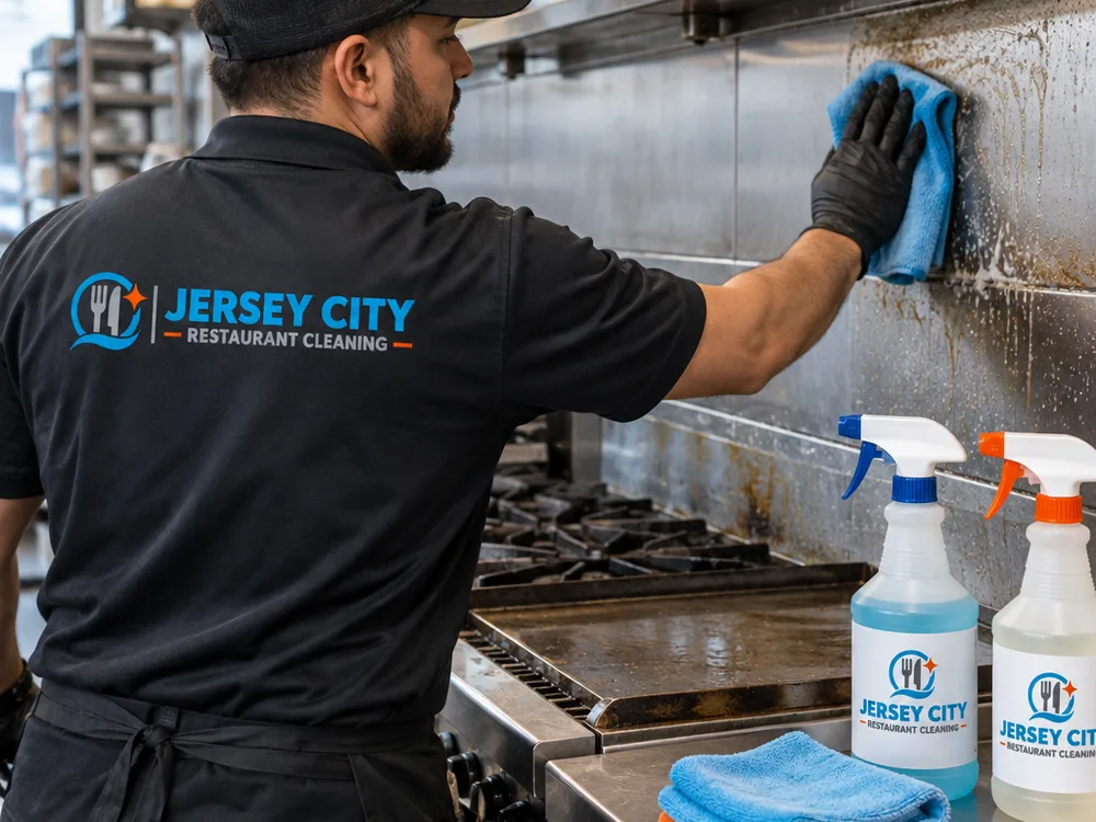 Technician detailing greasy stainless equipment exteriors and backsplash tiles along a commercial cook line