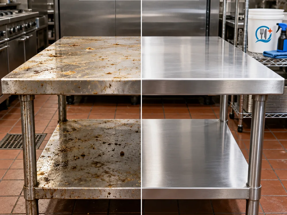 Before-and-after view of a stainless prep table and undershelf in a commercial kitchen