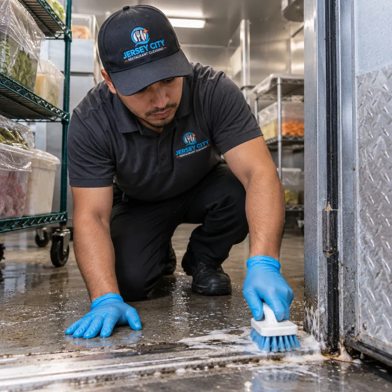 Cleaner scrubbing walk-in cooler floor edges and the area around the door threshold with shelves partially cleared and food covered on rolling racks