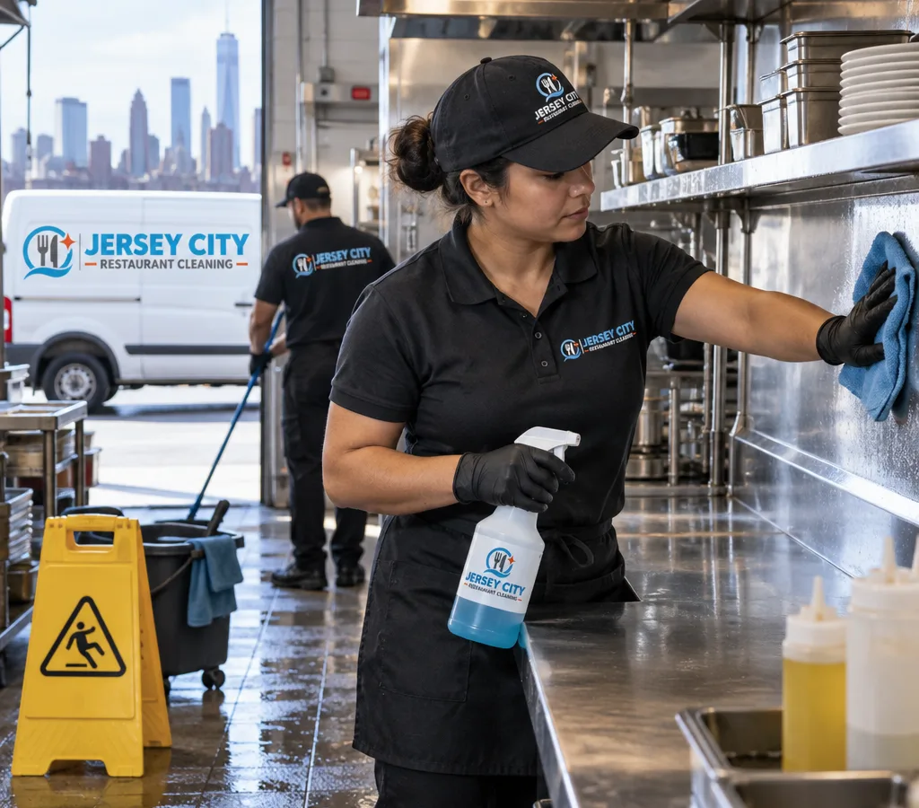 Commercial kitchen crew member degreasing a stainless prep line and wiping down a backsplash with labeled food-safe products and wet floor signs visible