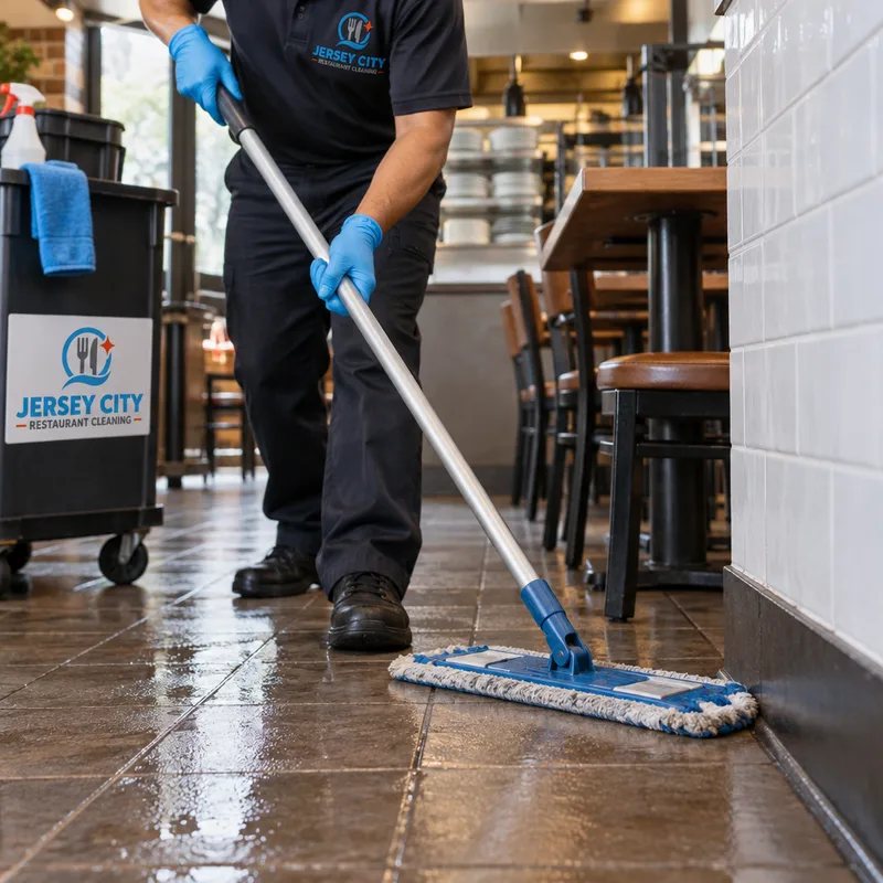 Cleaner detailing restaurant tile flooring, baseboard edges, and under-table areas
