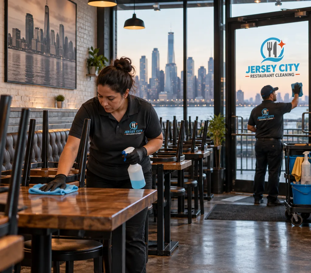 Cleaner detailing tables, baseboards, and entry glass in a Jersey City restaurant dining room after hours