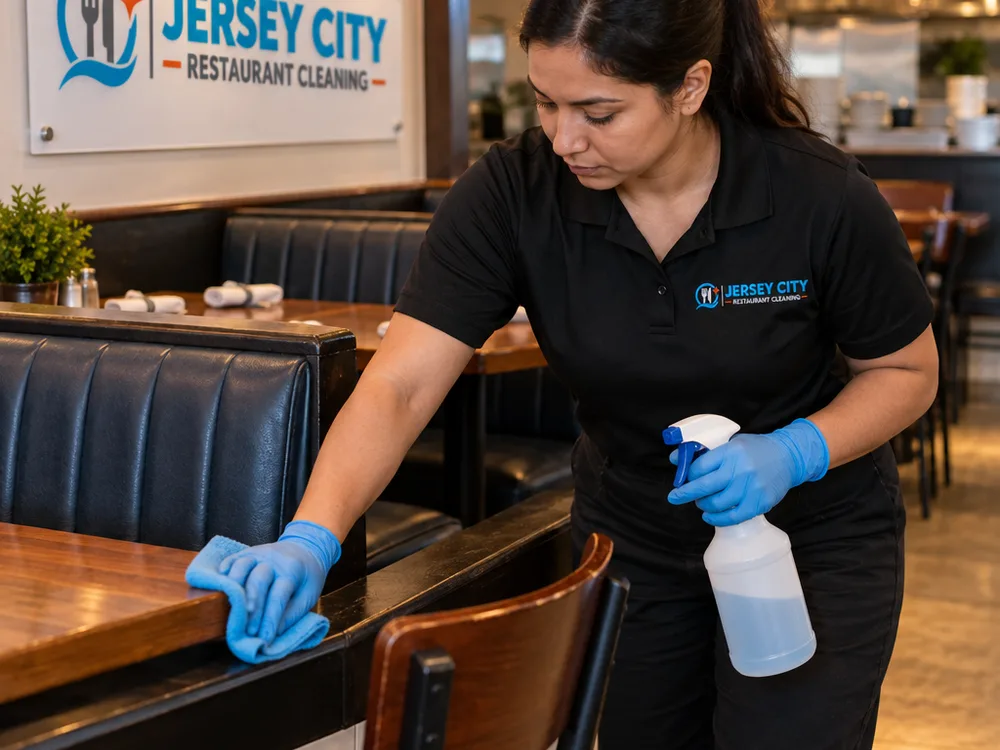Cleaner detailing a restaurant booth ledge, chair backs, and baseboard corners