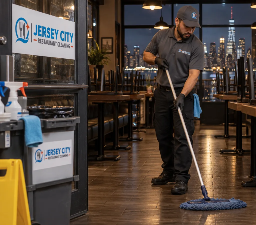 Professional cleaner mopping a restaurant dining room after closing with chairs raised and supplies staged nearby
