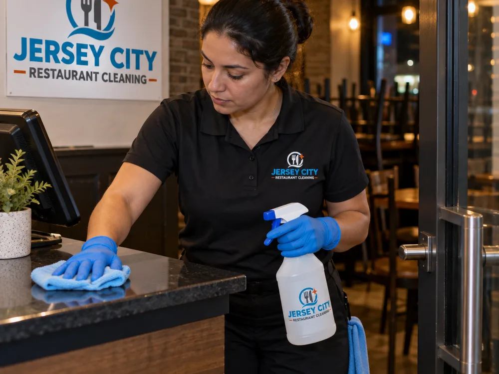 Cleaner disinfecting restaurant door handles and a host stand using a labeled spray bottle and microfiber cloth