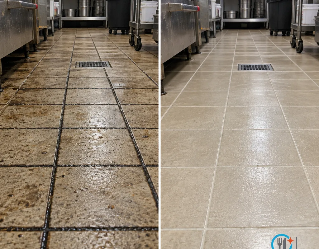 Before-and-after restaurant kitchen tile floor with cleaner tile and lighter grout lines