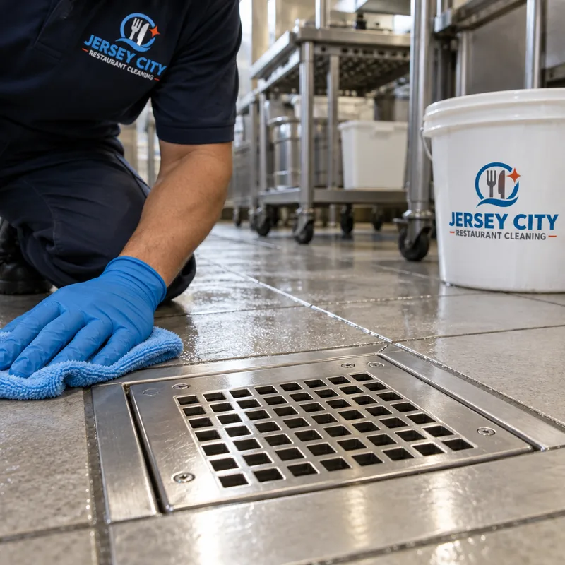 Clean floor drain and grout ring in a commercial restaurant kitchen