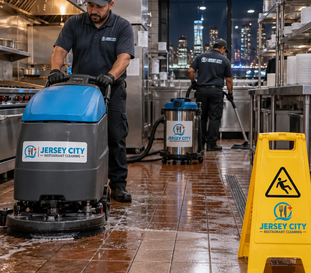 Technician cleaning a busy restaurant kitchen floor at night with an autoscrubber, wet vac, and caution signage