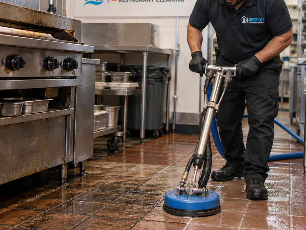 Technician using a grout and tile spinner on a greasy commercial kitchen floor