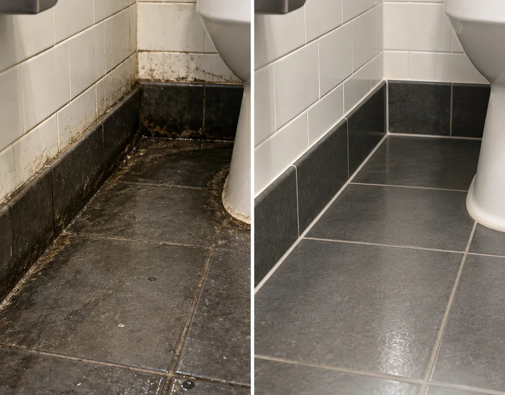 Before-and-after comparison of buildup and cleaned edges along a restaurant restroom floor and baseboard