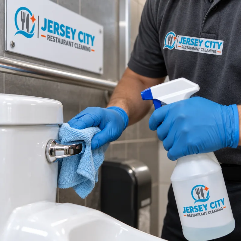 Gloved hands disinfecting a commercial toilet handle and flush area