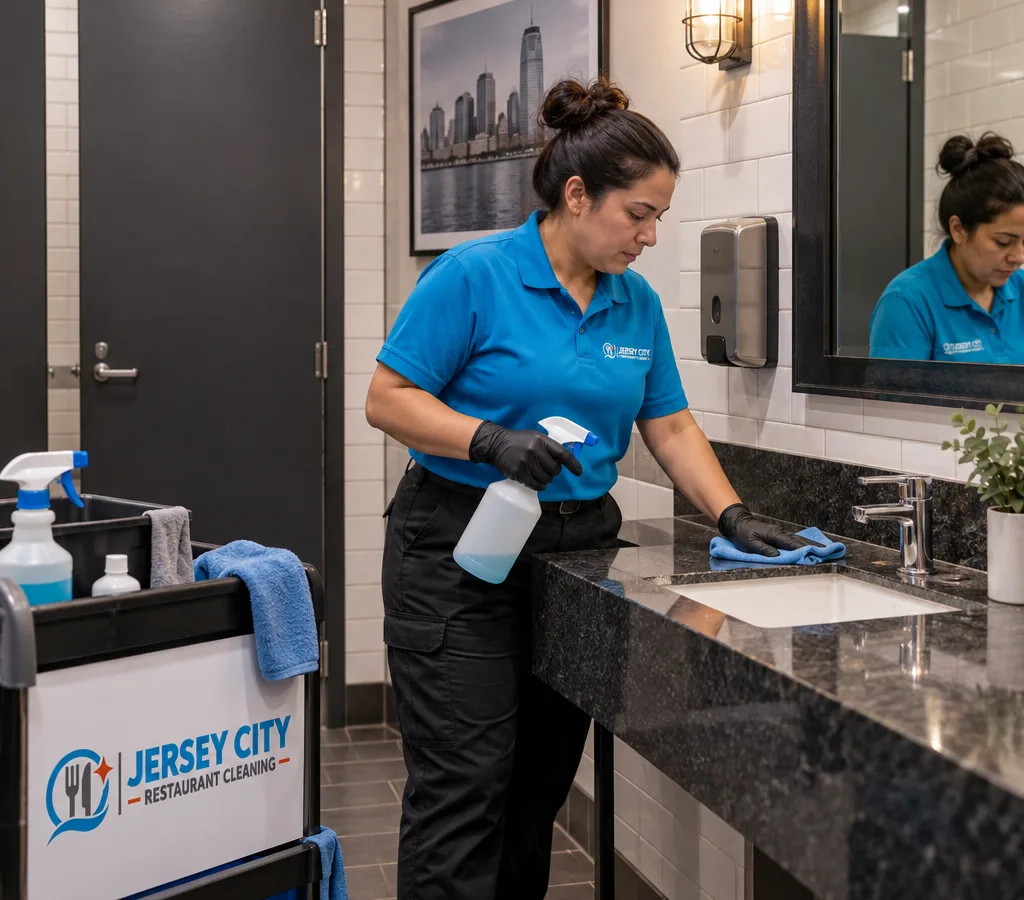 Professional cleaner disinfecting a restaurant restroom sink and counter in a Hoboken-area restaurant