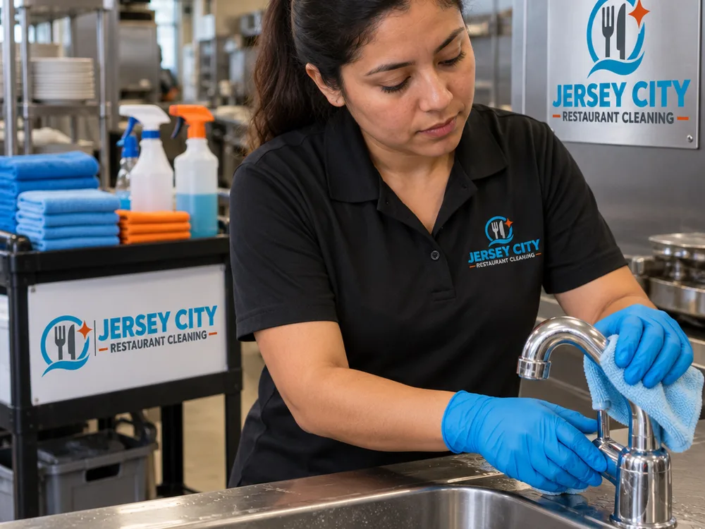 Cleaner polishing a commercial restroom faucet and sink to remove water spots