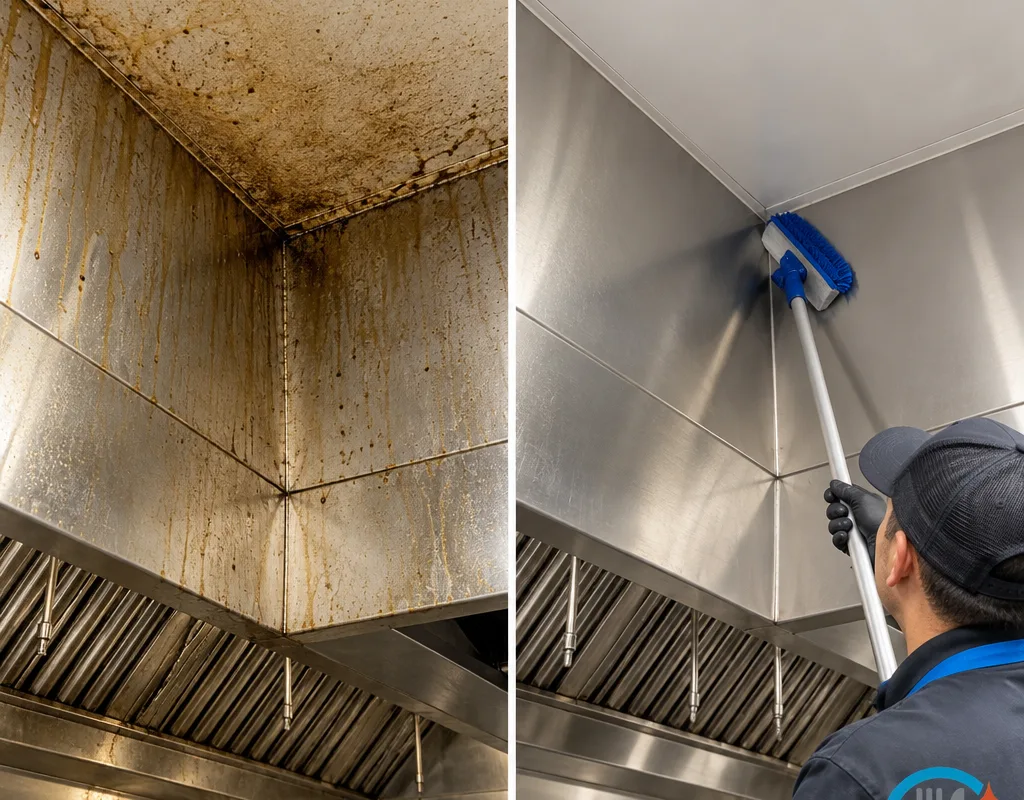 Before-and-after comparison of a greasy ceiling corner above a commercial cookline following high dusting