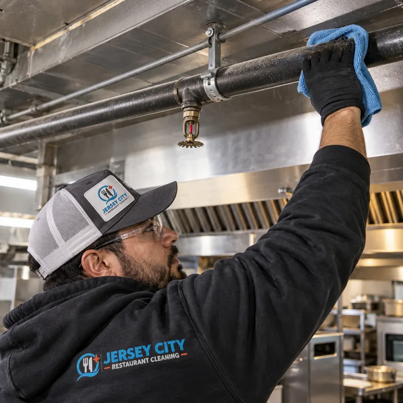 Cleaned overhead sprinkler line and conduit above a commercial kitchen showing detailed dust removal