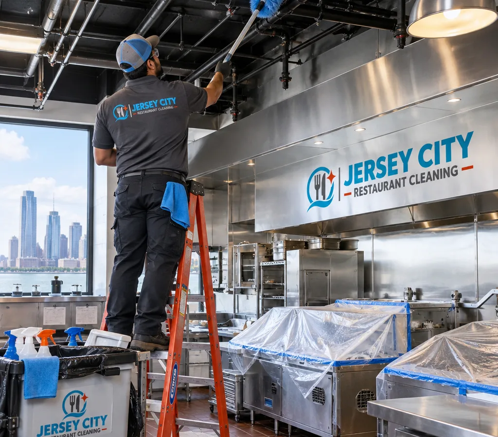 Technician on a ladder high dusting a commercial kitchen ceiling and overhead piping while stainless equipment below is protected