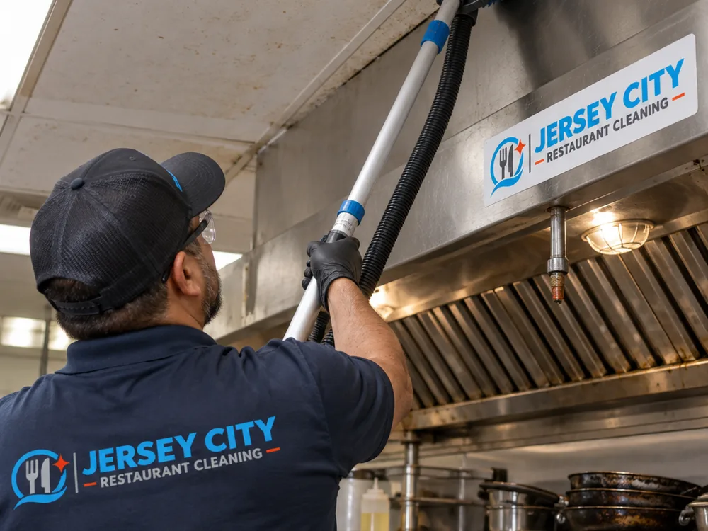 Extendable microfiber and vacuum-assisted tools cleaning a greasy commercial kitchen ceiling corner above a cookline