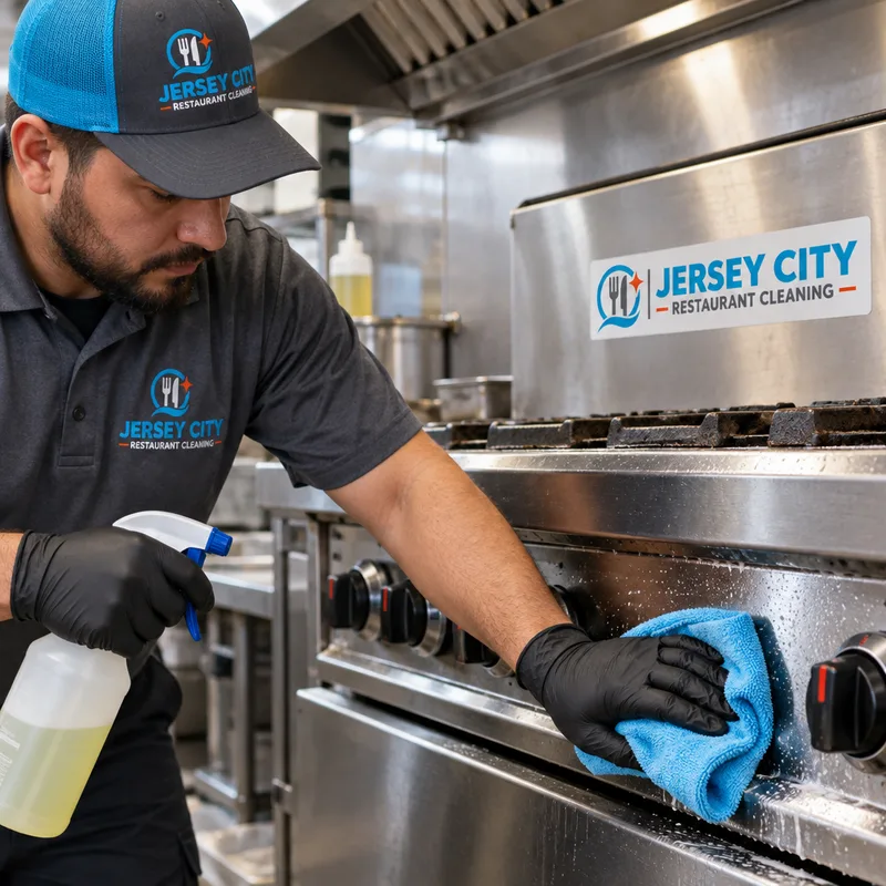 Technician cleaning a commercial range exterior, control knobs, backsplash, and adjacent stainless panels