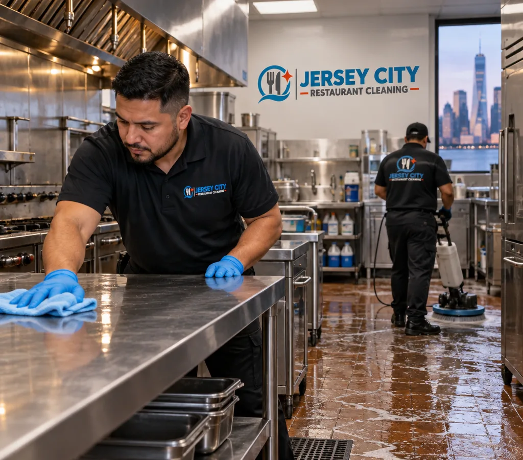 After-hours technician cleaning stainless prep tables and backsplashes in a Newark commercial restaurant kitchen