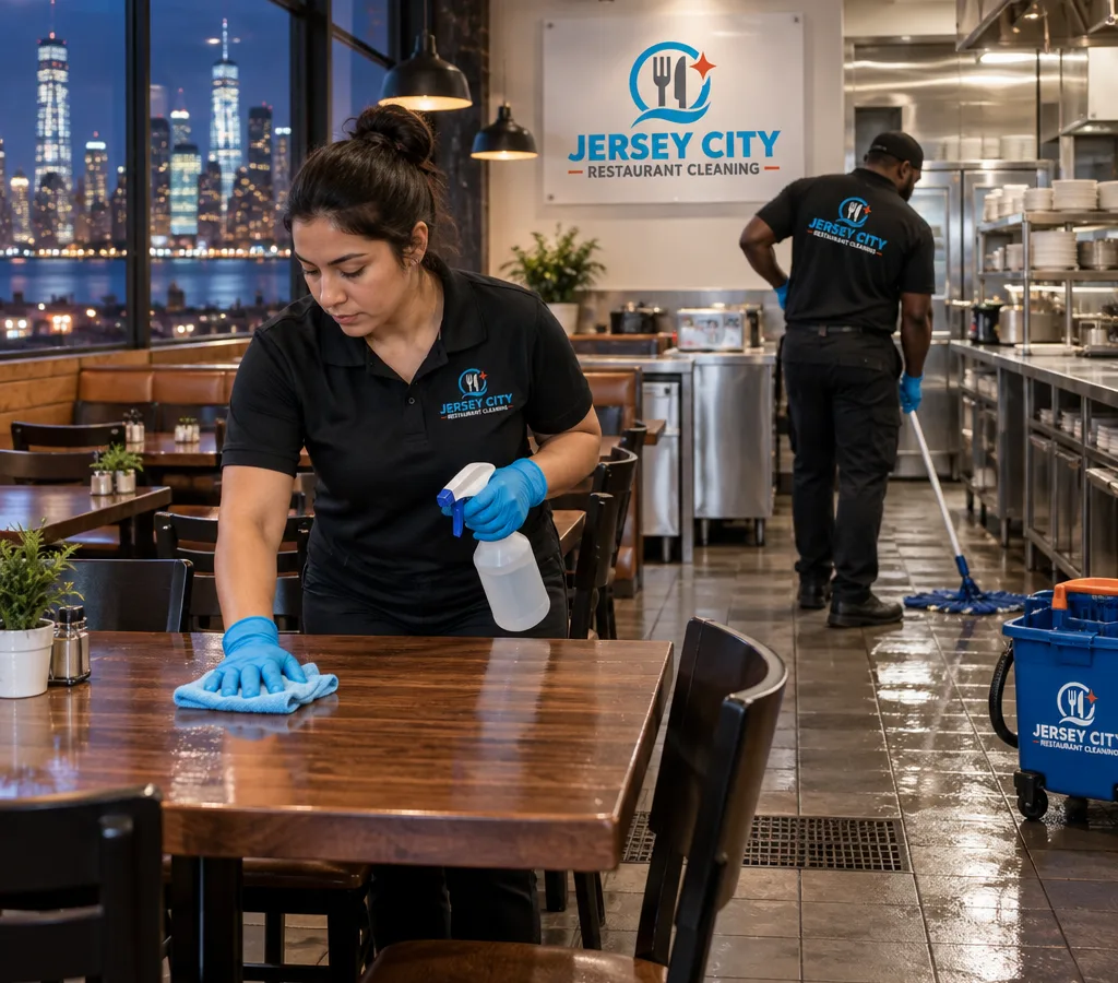 After-hours commercial restaurant cleaning in Union City with technicians disinfecting dining tables and mopping tile floors