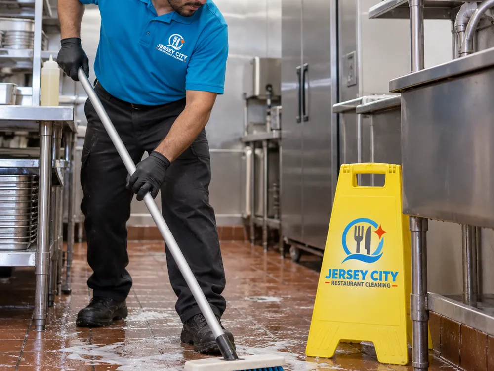 Cleaner scrubbing a commercial kitchen floor near a floor drain and stainless equipment