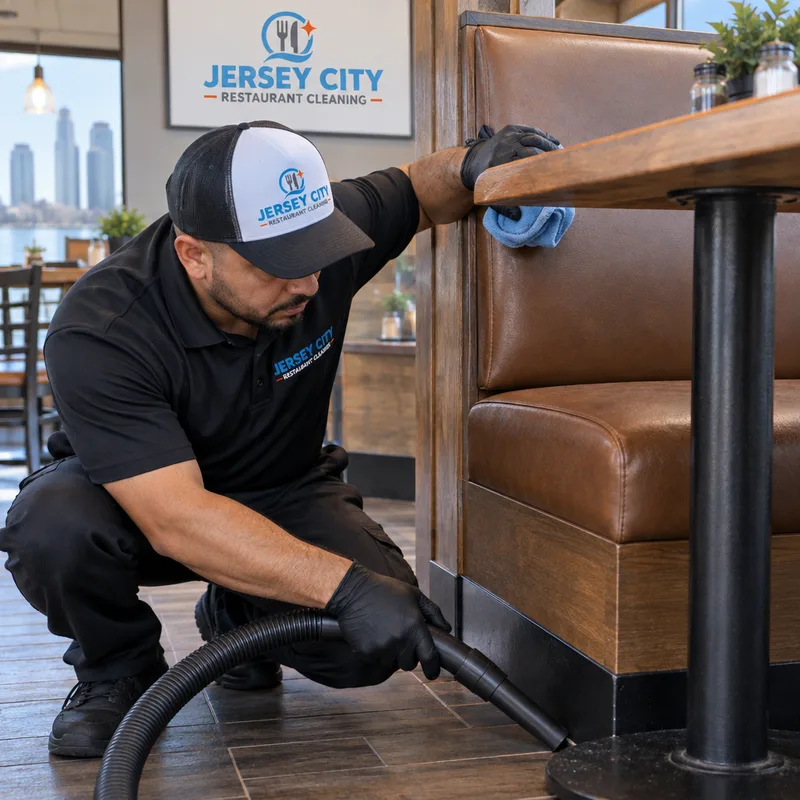 Clean restaurant booth, baseboard, seat backs and table bases in a dining area