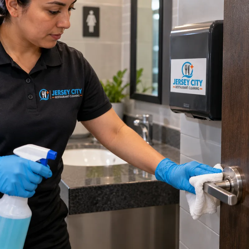 Gloved cleaner disinfecting a restroom door handle and dispenser beside a polished sink counter