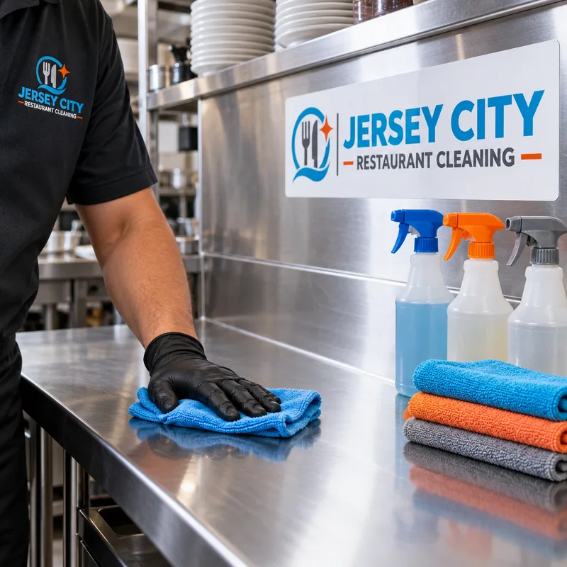 Clean stainless prep table and backsplash with sanitizer bottles and color-coded cloths neatly staged