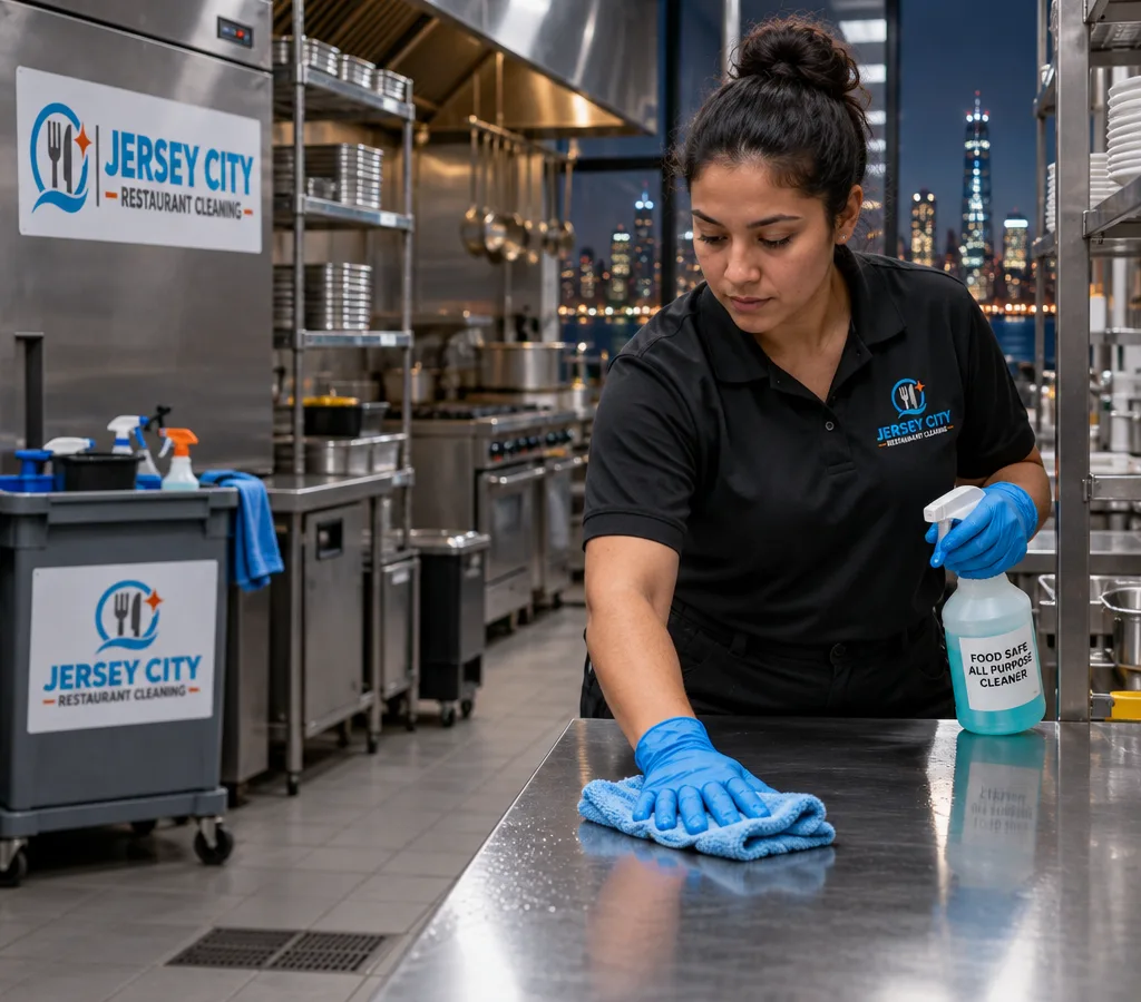 Night crew cleaner wiping stainless prep tables in a commercial kitchen with labeled food-safe chemicals