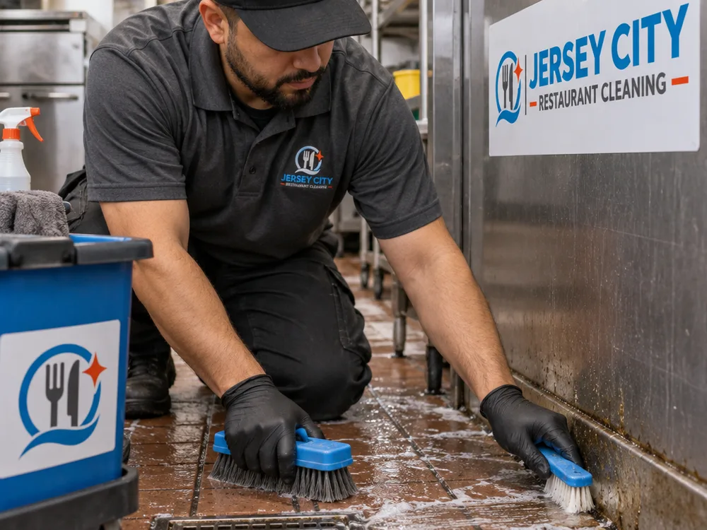 Cleaner scrubbing grease from a commercial kitchen floor edge near a floor drain