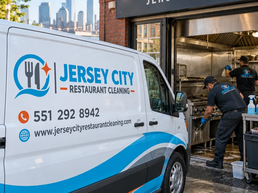 Technicians cleaning behind a commercial cook line with equipment staged forward