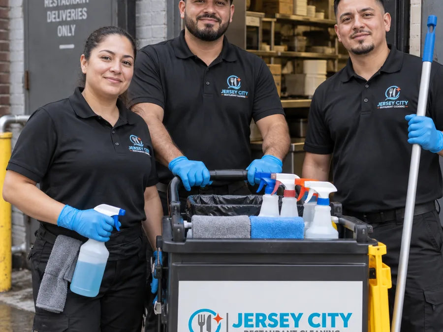 Uniformed commercial cleaning crew with a supplies cart at a restaurant back door