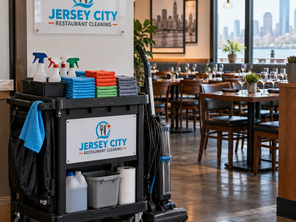 Restaurant cleaning team staging color-coded supplies outside a dining room